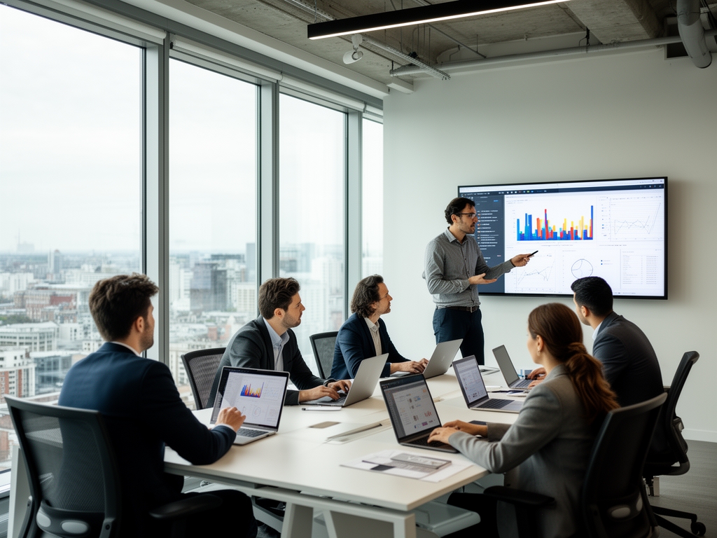Современный открытый офис с панорамными окнами, несколько человек за ноутбуками обсуждают данные на настенном экране