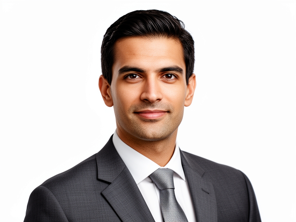 Портрет мужчины лет 35 с короткими тёмными волосами, деловой стиль, белый фон