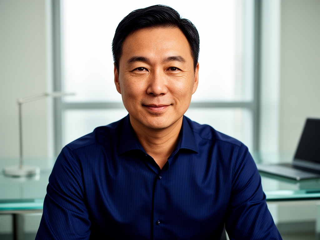 Портрет мужчины азиатского происхождения около 40 лет в синей рубашке, спокойное выражение лица, офисный фон