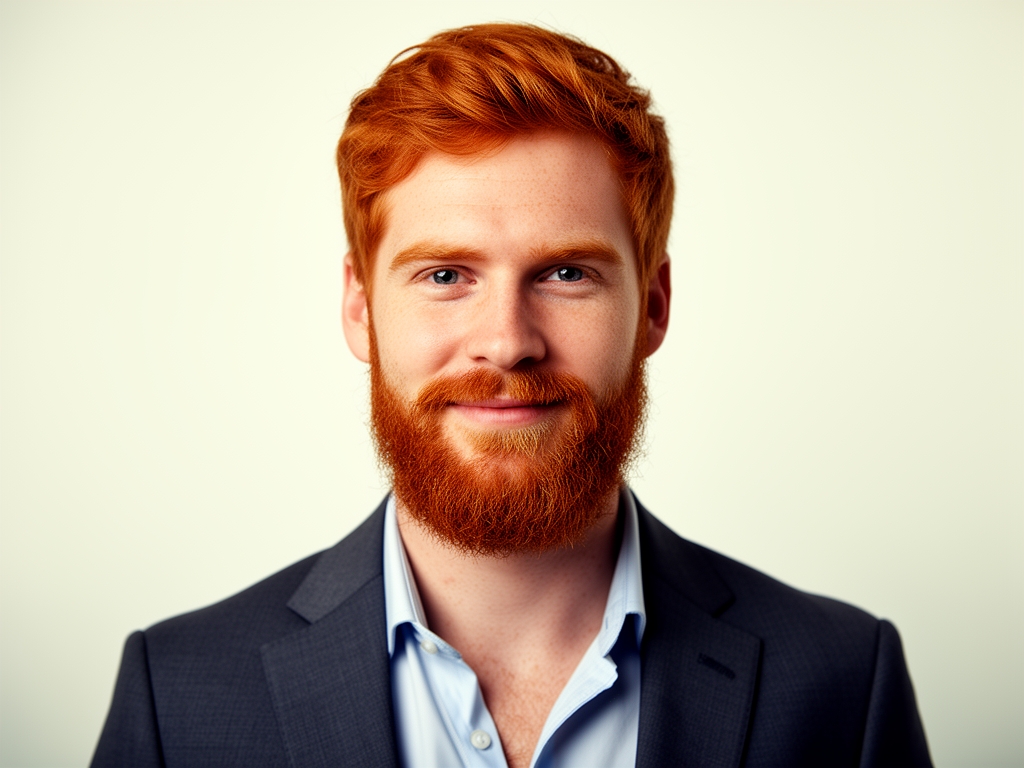 Портрет молодого мужчины с рыжими волосами и бородой около 27 лет, casual-стиль, светлый фон