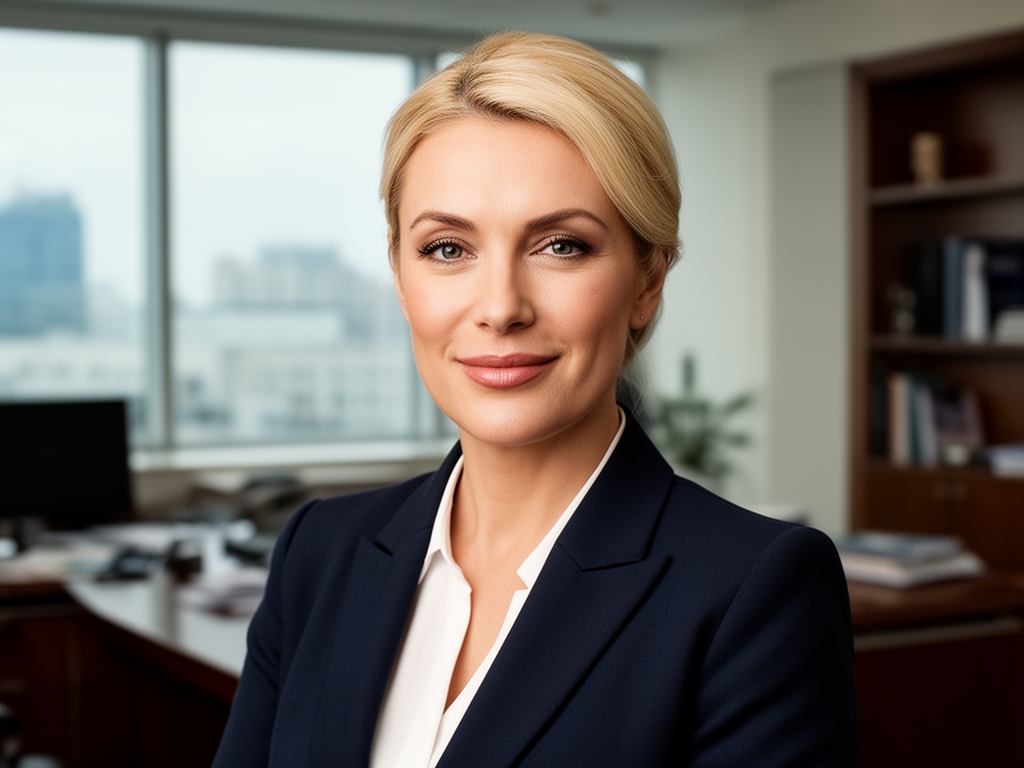 Портрет деловой женщины около 38 лет с собранными светлыми волосами, строгий костюм, офисный кабинет на фоне