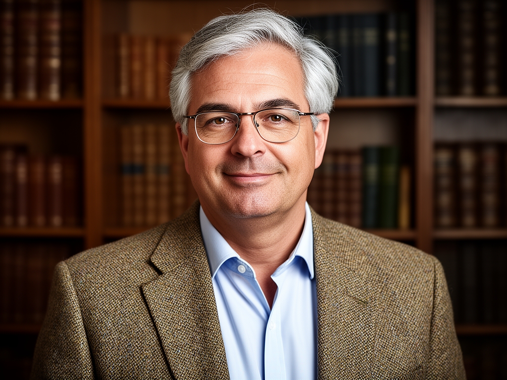 Портрет мужчины около 50 лет с сединой, очках и твидовом пиджаке, академическая обстановка на фоне