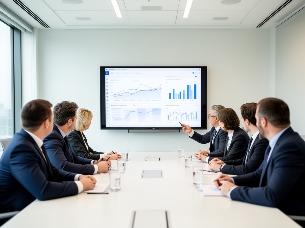 Деловая встреча в светлом современном переговорном зале, участники изучают аналитику на экране