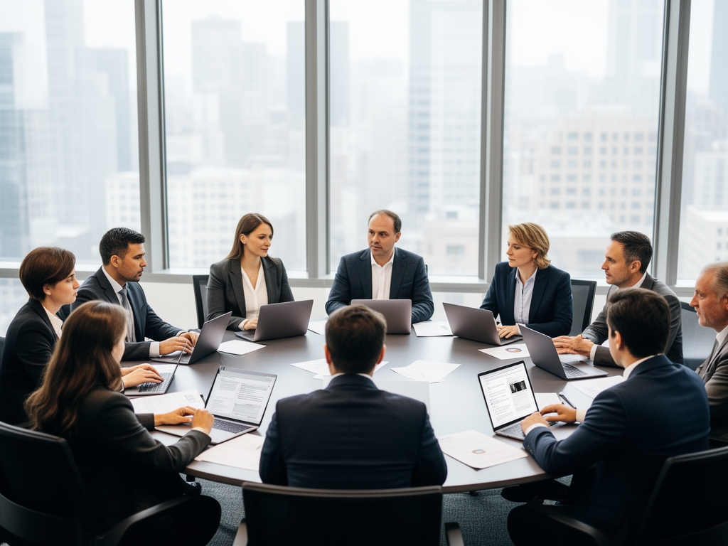Разнообразная группа людей за круглым столом с ноутбуками и документами, обсуждение в конференц-зале с большими окнами