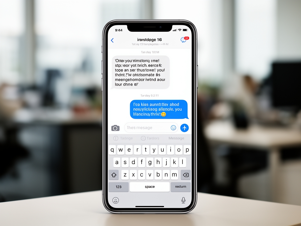 Экран смартфона с открытым чат-интерфейсом и печатающимися сообщениями, размытый офисный фон