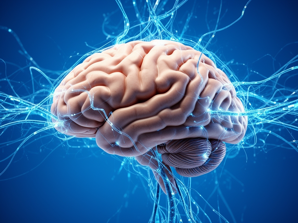 Концептуальное изображение человеческого мозга, соединённого с цифровыми нейронными связями на синем фоне