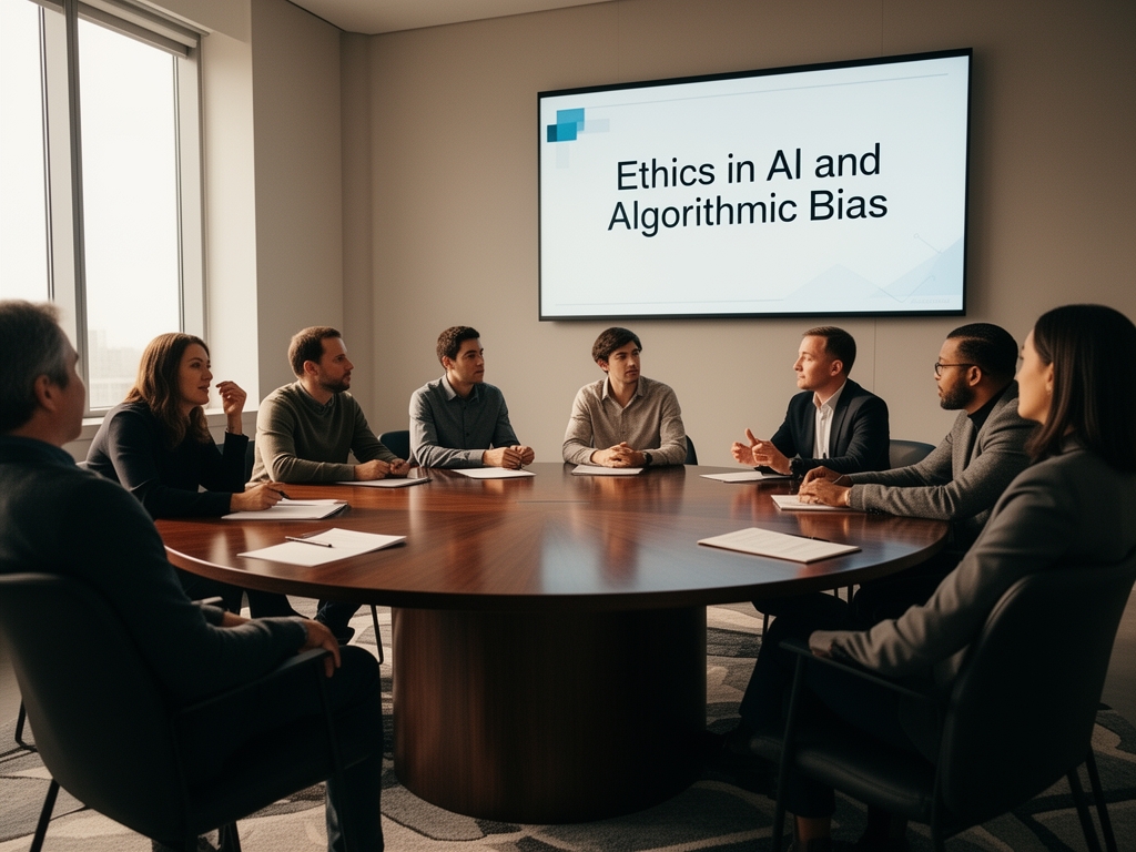 Круглый стол с участниками дискуссии, на экране слайд с темой этики ИИ и алгоритмической предвзятости