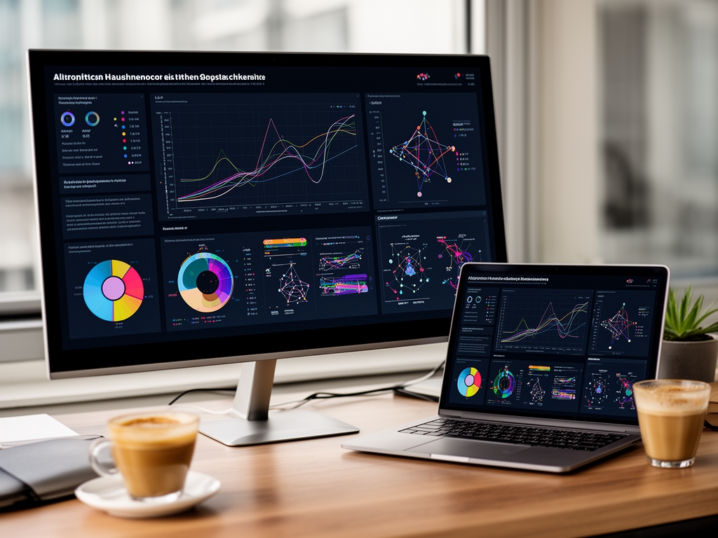 Рабочий стол с монитором, показывающим графики и диаграммы алгоритмов машинного обучения, ноутбук и кофе рядом