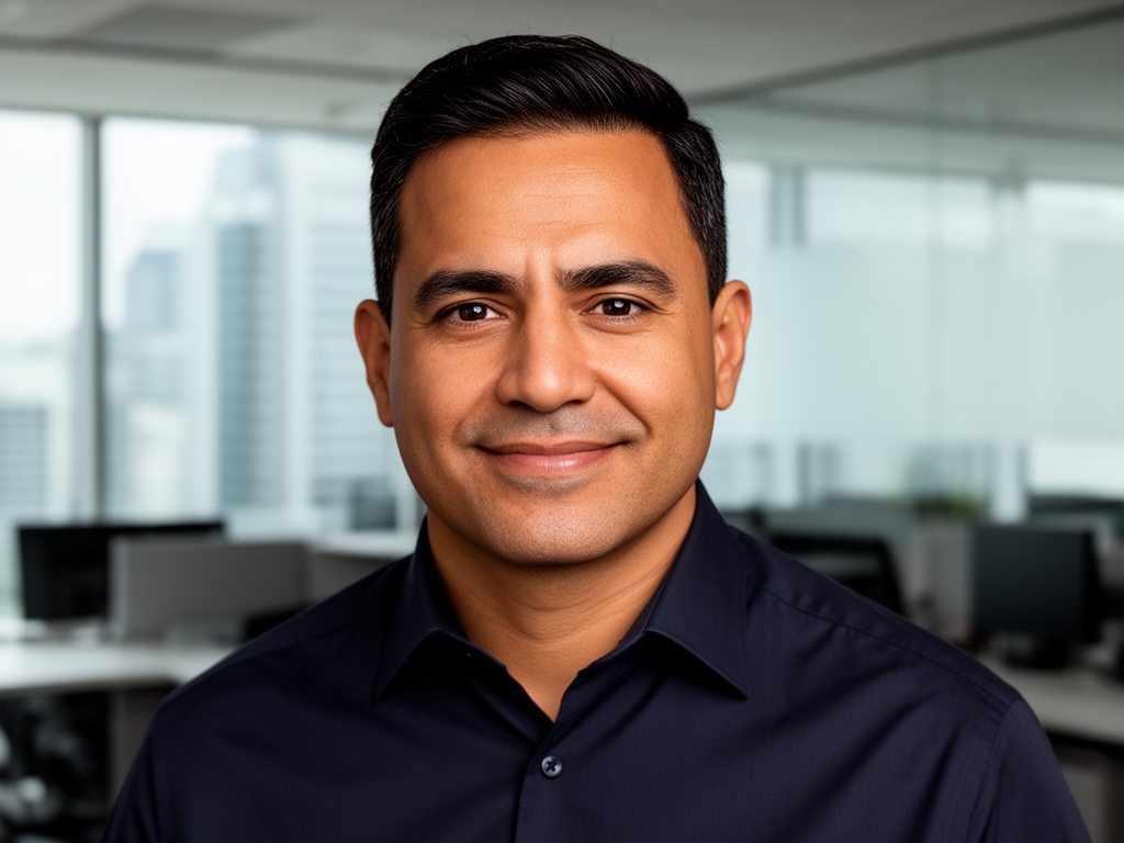 Профессиональный портрет мужчины около 38 лет латиноамериканского происхождения в тёмной рубашке, современный офис на фоне