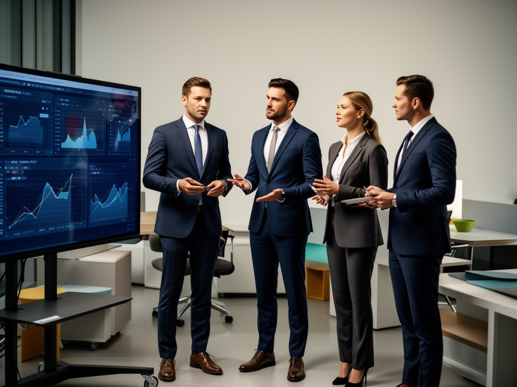 Команда из пяти человек в современном офисном пространстве обсуждает данные, отображённые на большом мониторе, деловая атмосфера