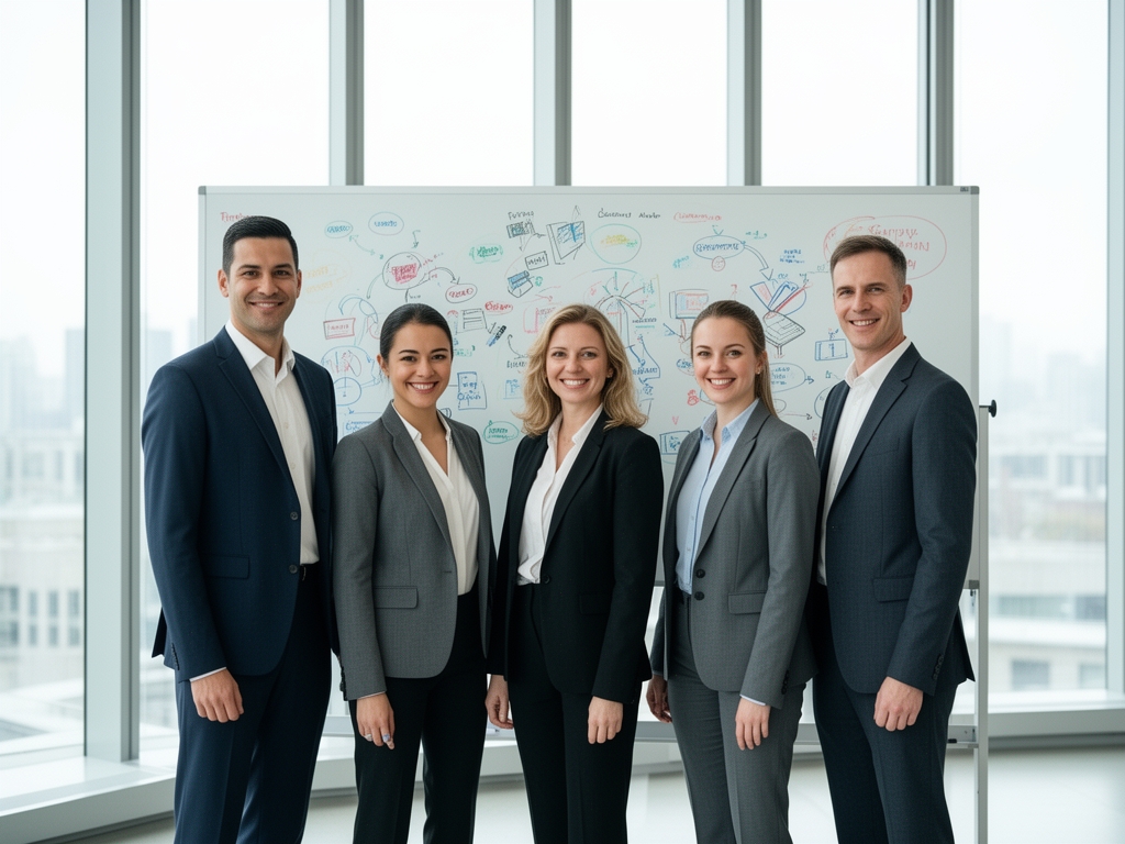 Команда из пяти специалистов в современном офисе с большими окнами, стоят у белой доски с маркерами и улыбаются
